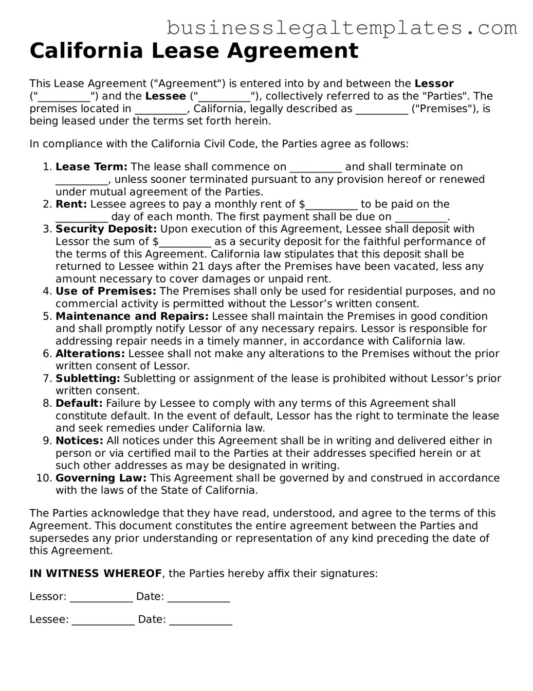 Blank California Lease Agreement Document
