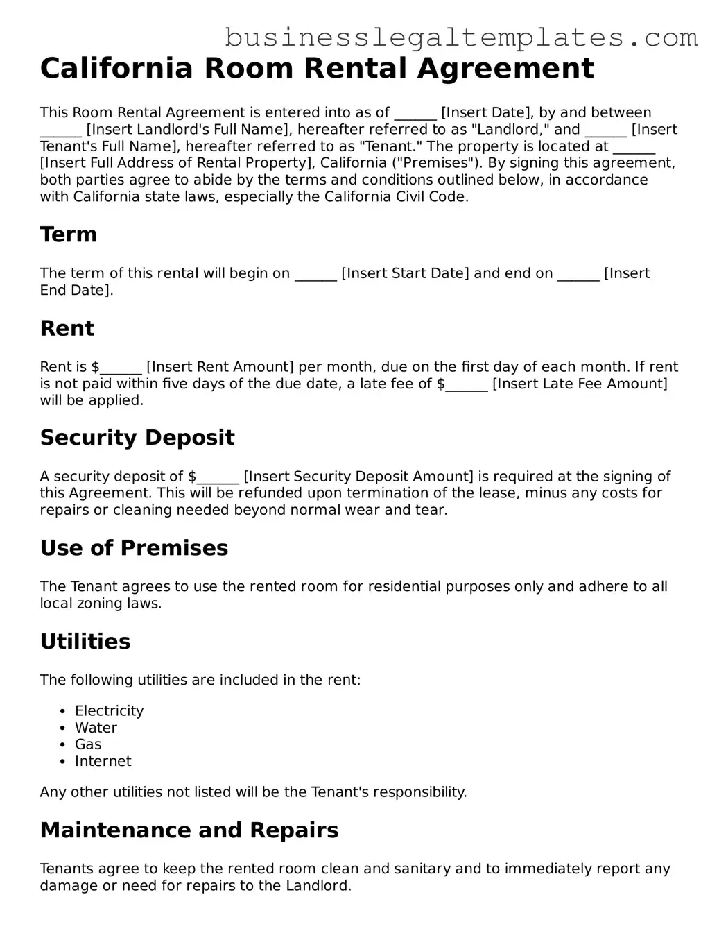 Blank California Room Rental Agreement Document