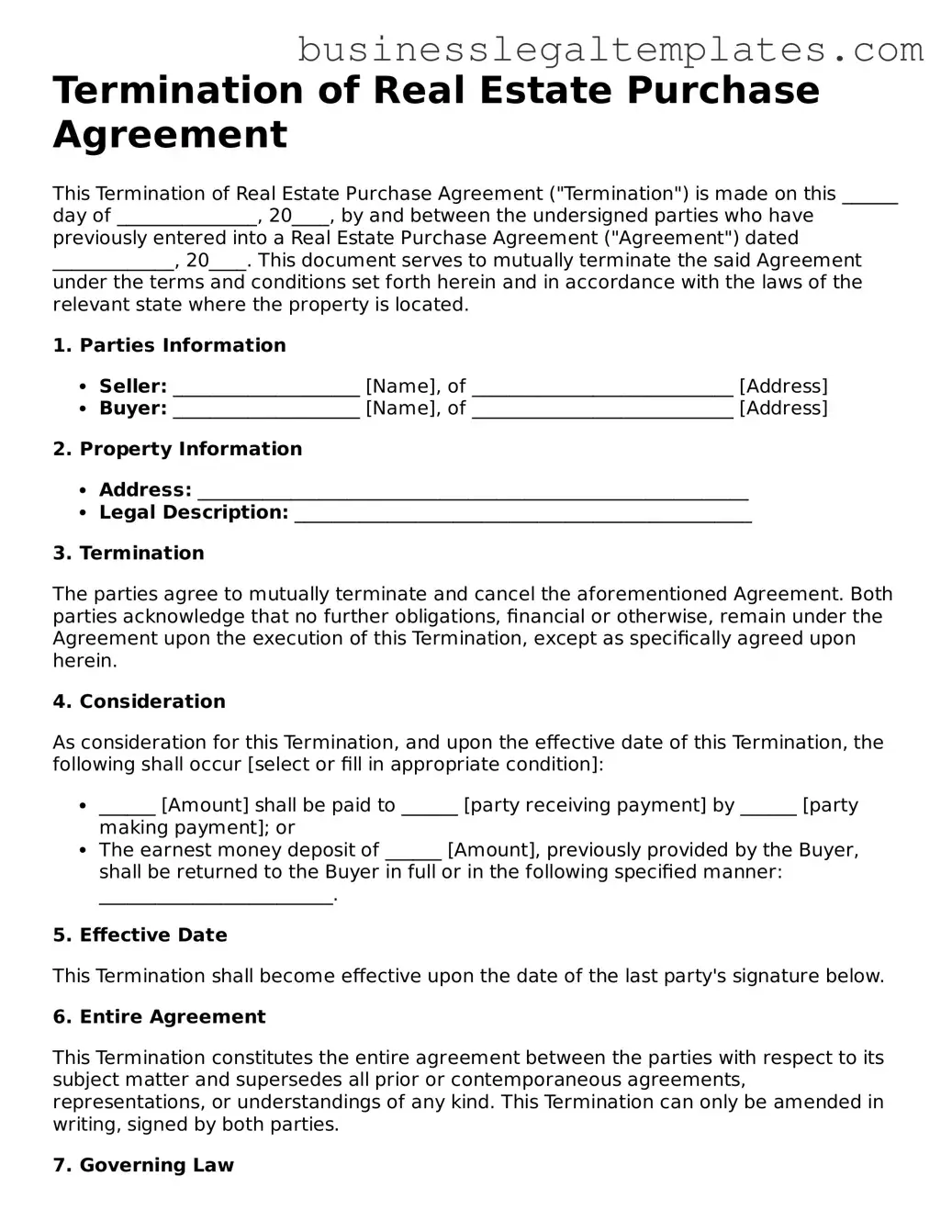 Fillable Termination of Real Estate Purchase Agreement Form