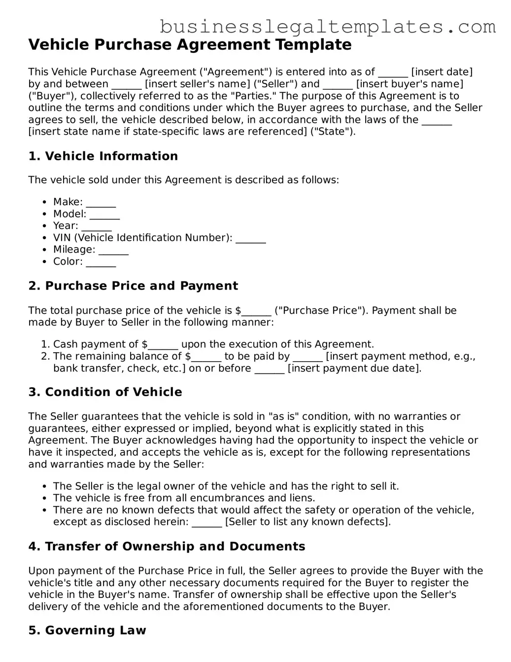 Fillable Vehicle Purchase Agreement Form
