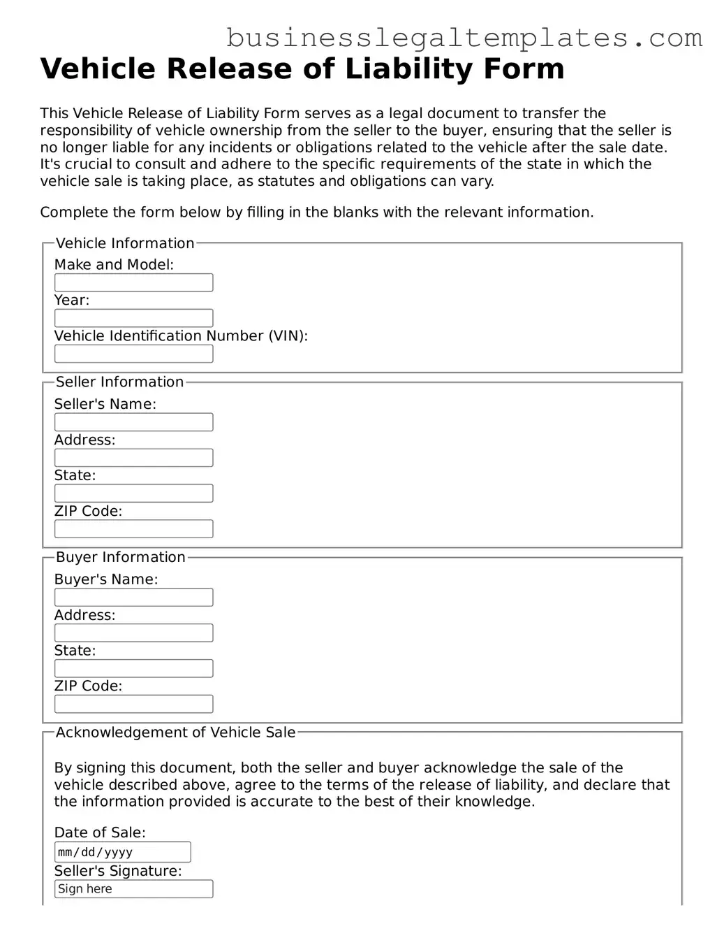 Fillable Vehicle Release of Liability Form