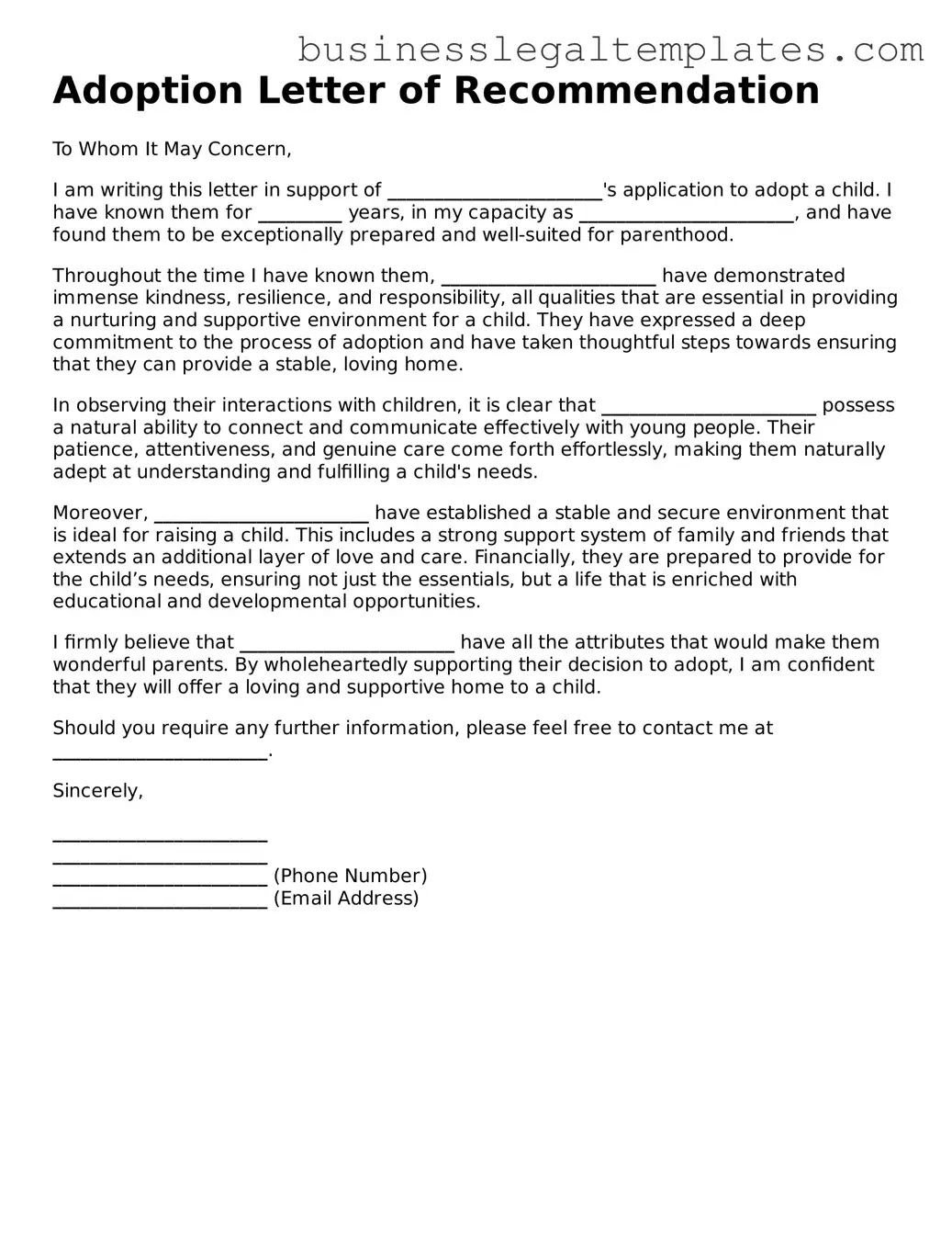 Fillable Adoption Letter of Recommendation Form