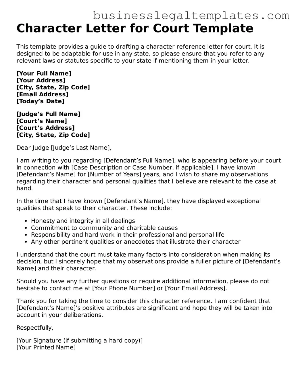 Fillable Character Letter for Court Form