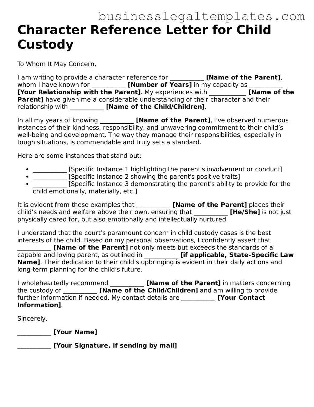 Fillable Character Reference Letter for Child Custody Form
