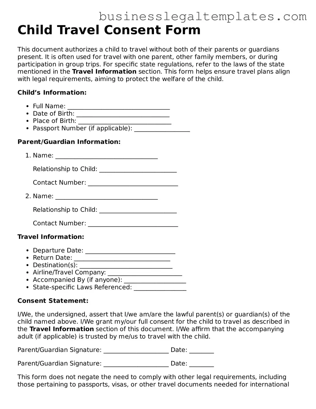 Fillable Child Travel Consent Form Form