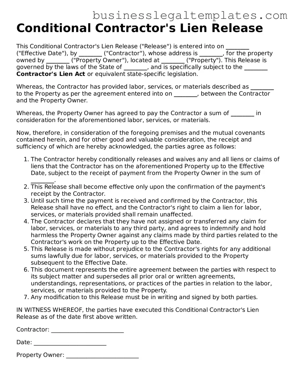 Fillable Conditional Contractor’s Lien Release Form