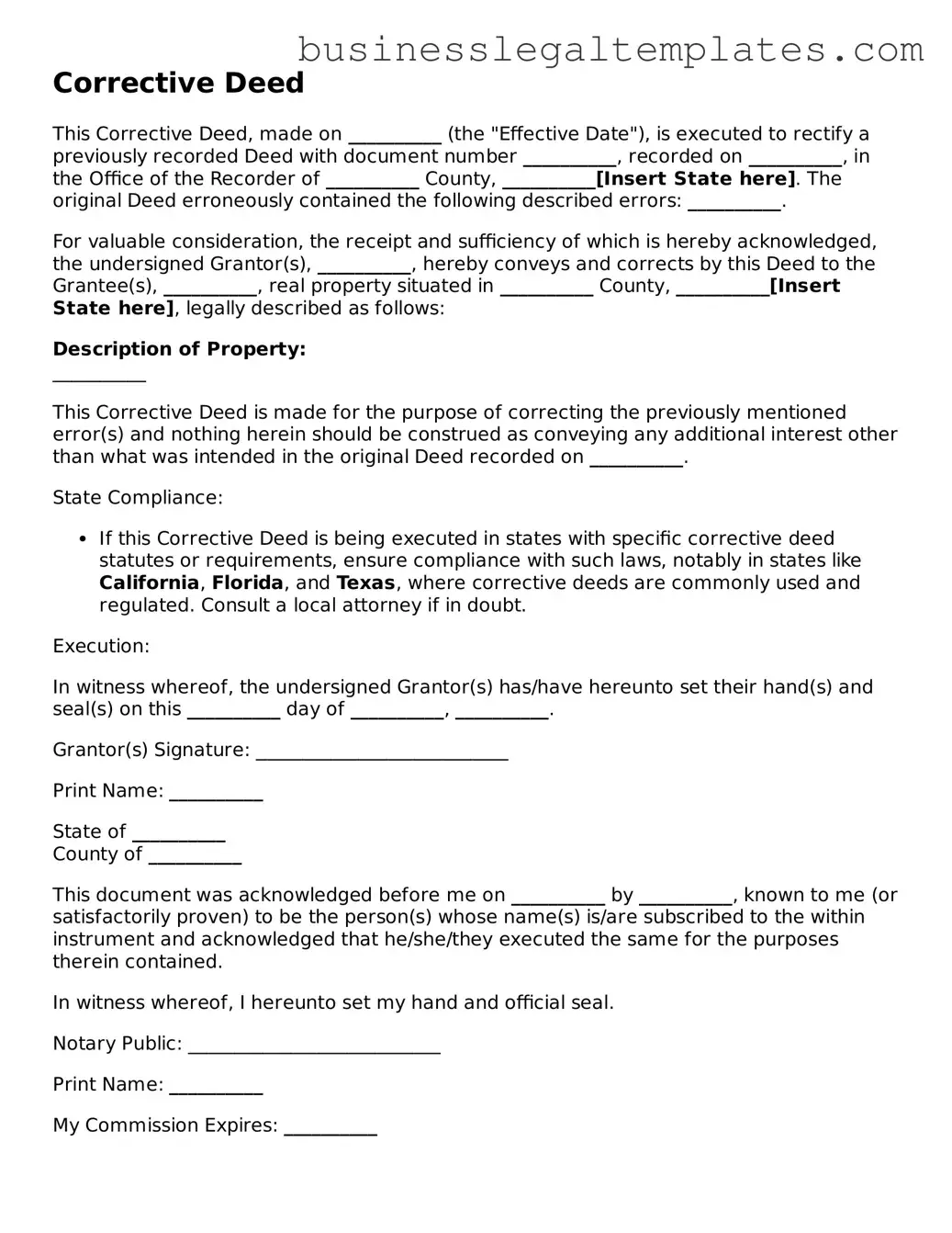 Fillable Corrective Deed Form