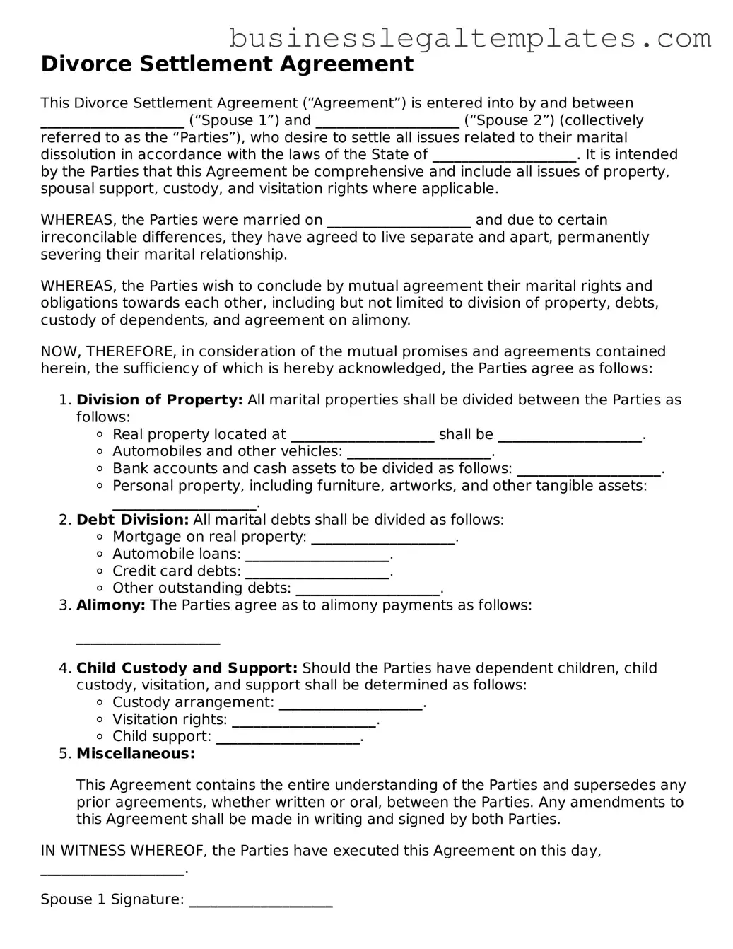 Fillable Divorce Settlement Agreement Form