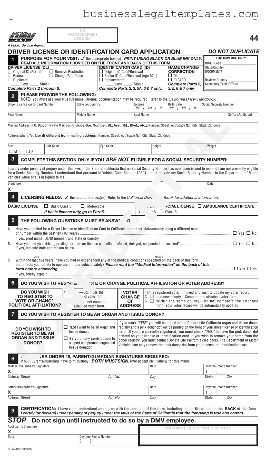 Printable Ca Dmv Dl 44 Form