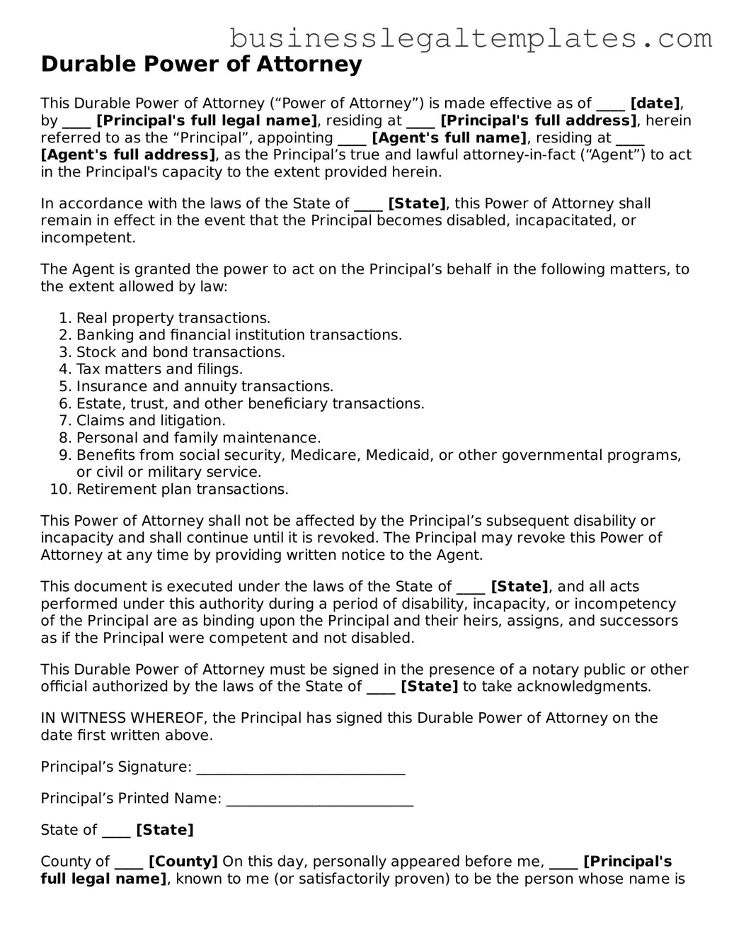 Fillable Durable Power of Attorney Form