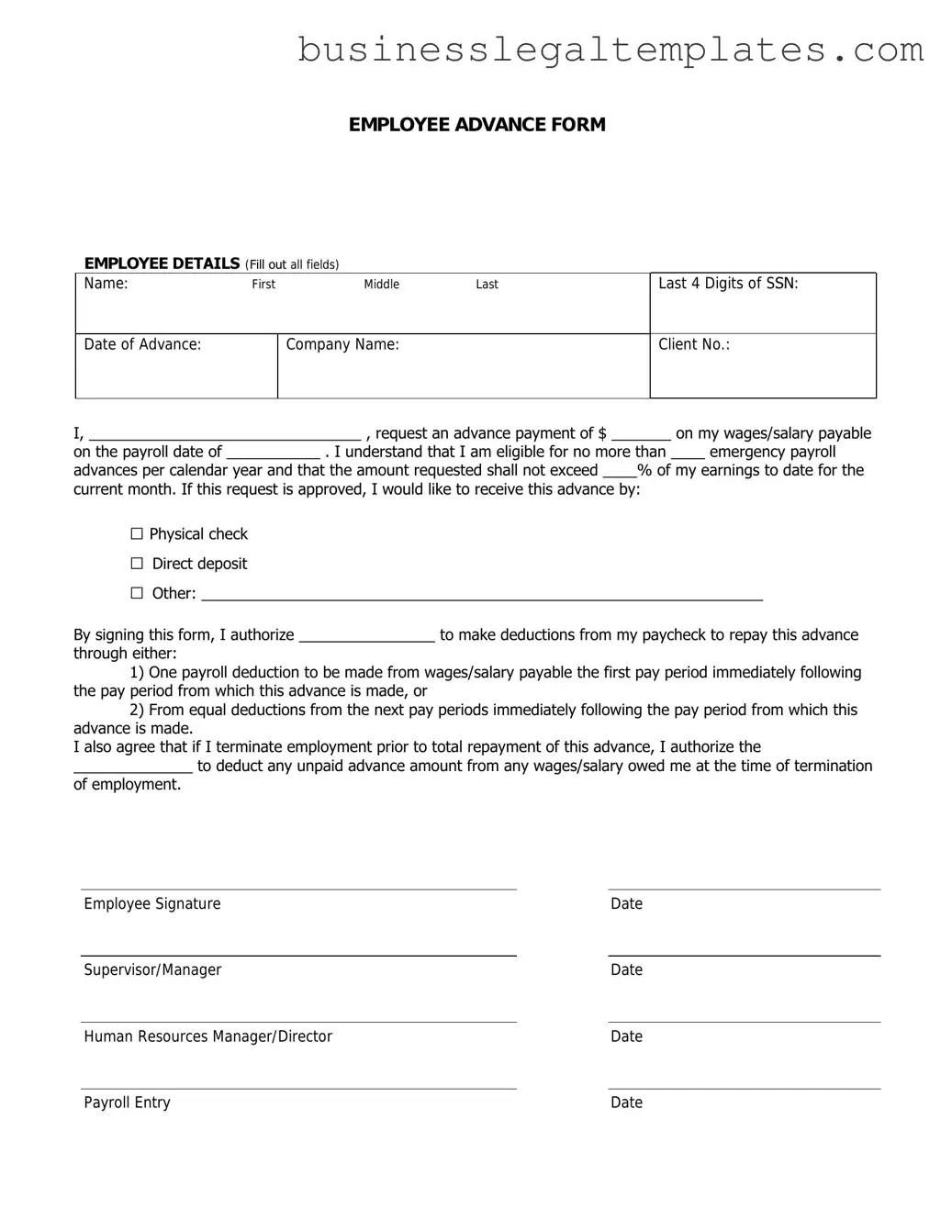 Printable Employee Advance Form