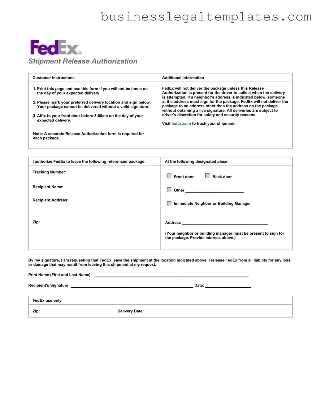 Printable Fedex Release Form