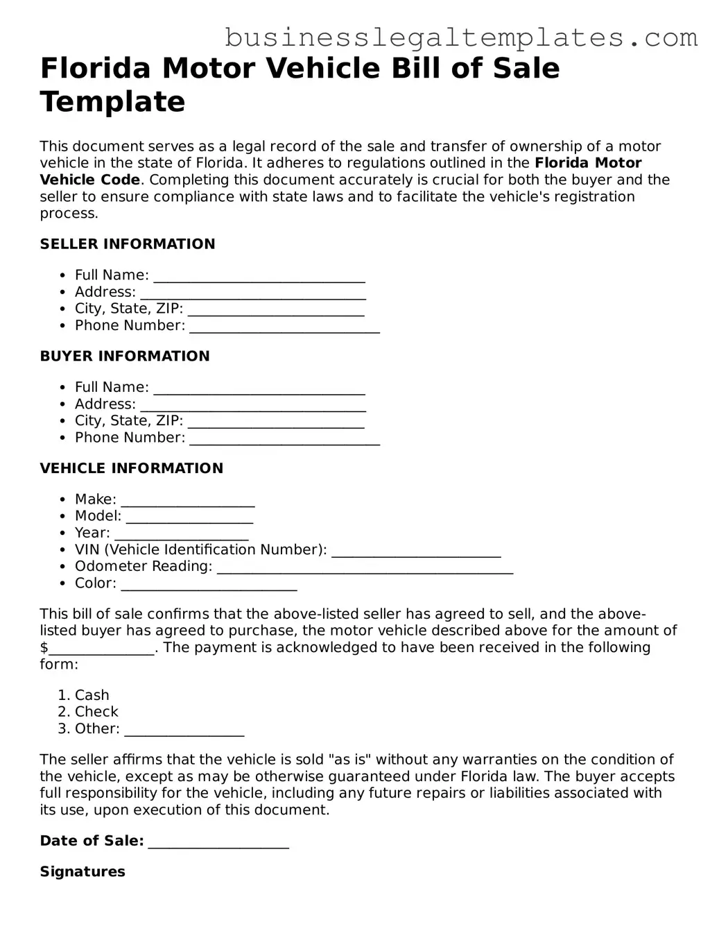 Blank Florida Motor Vehicle Bill of Sale Document