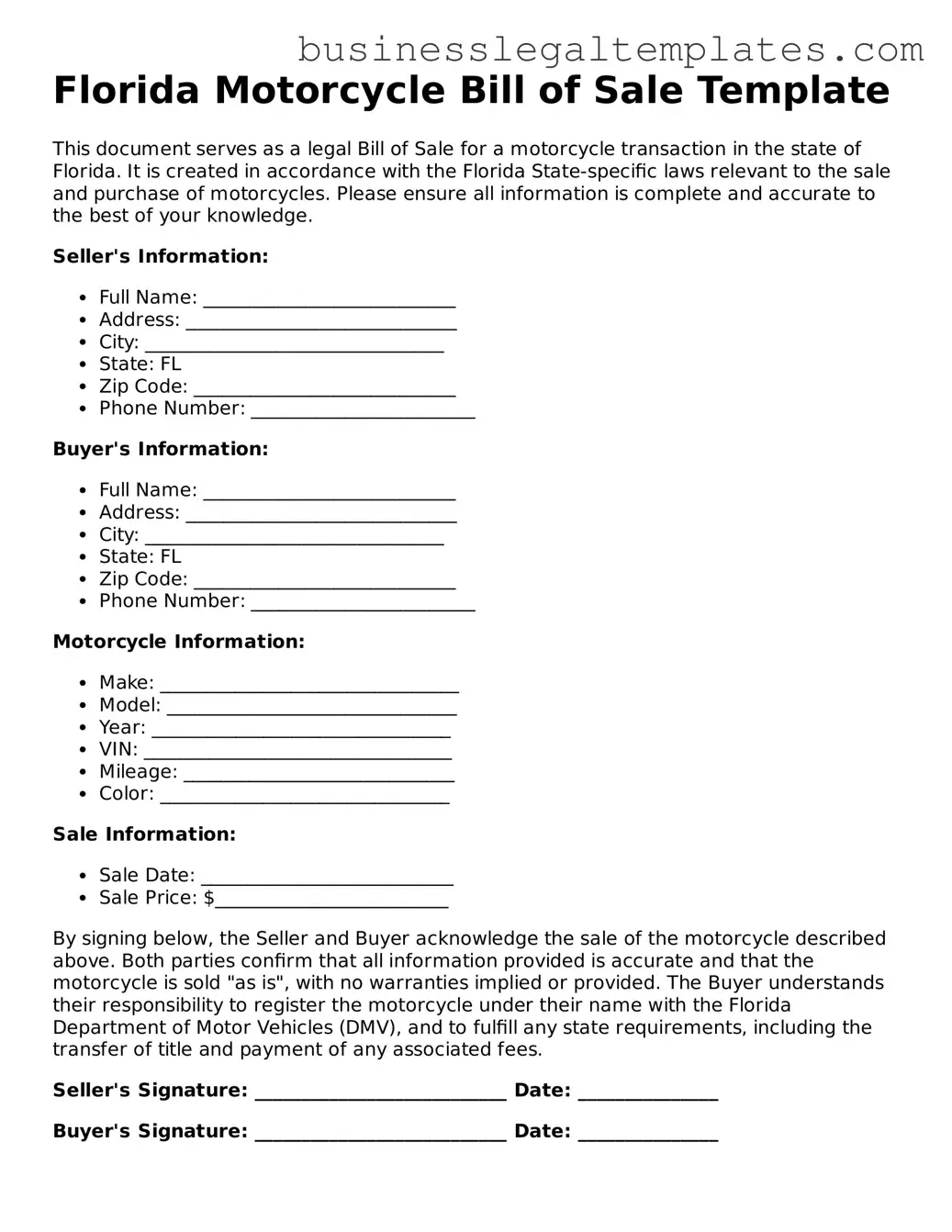 Blank Florida Motorcycle Bill of Sale Document