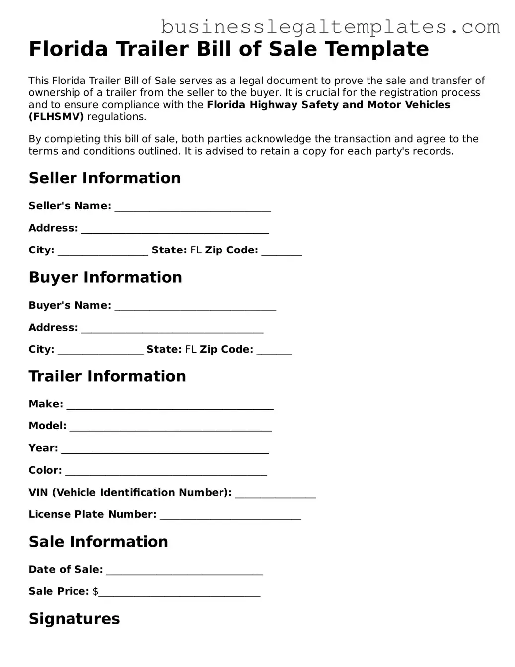 Blank Florida Trailer Bill of Sale Document