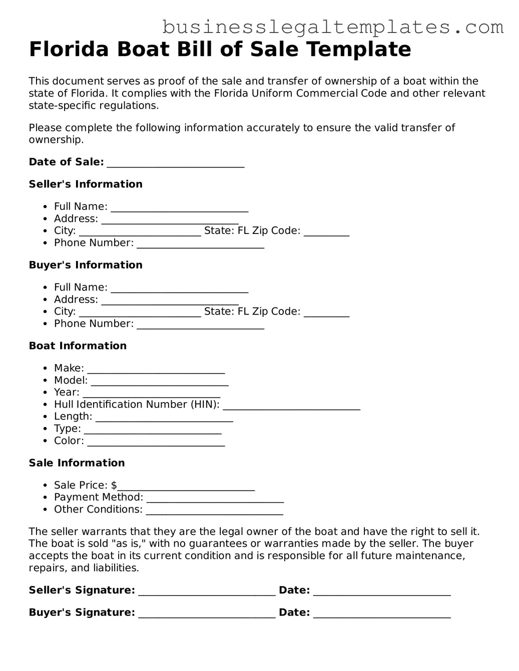 Blank Florida Boat Bill of Sale Document