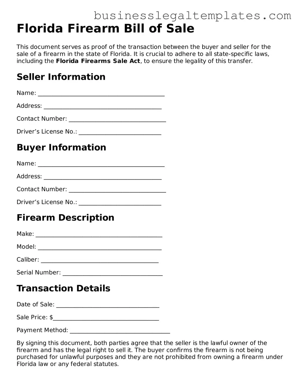 Blank Florida Firearm Bill of Sale Document