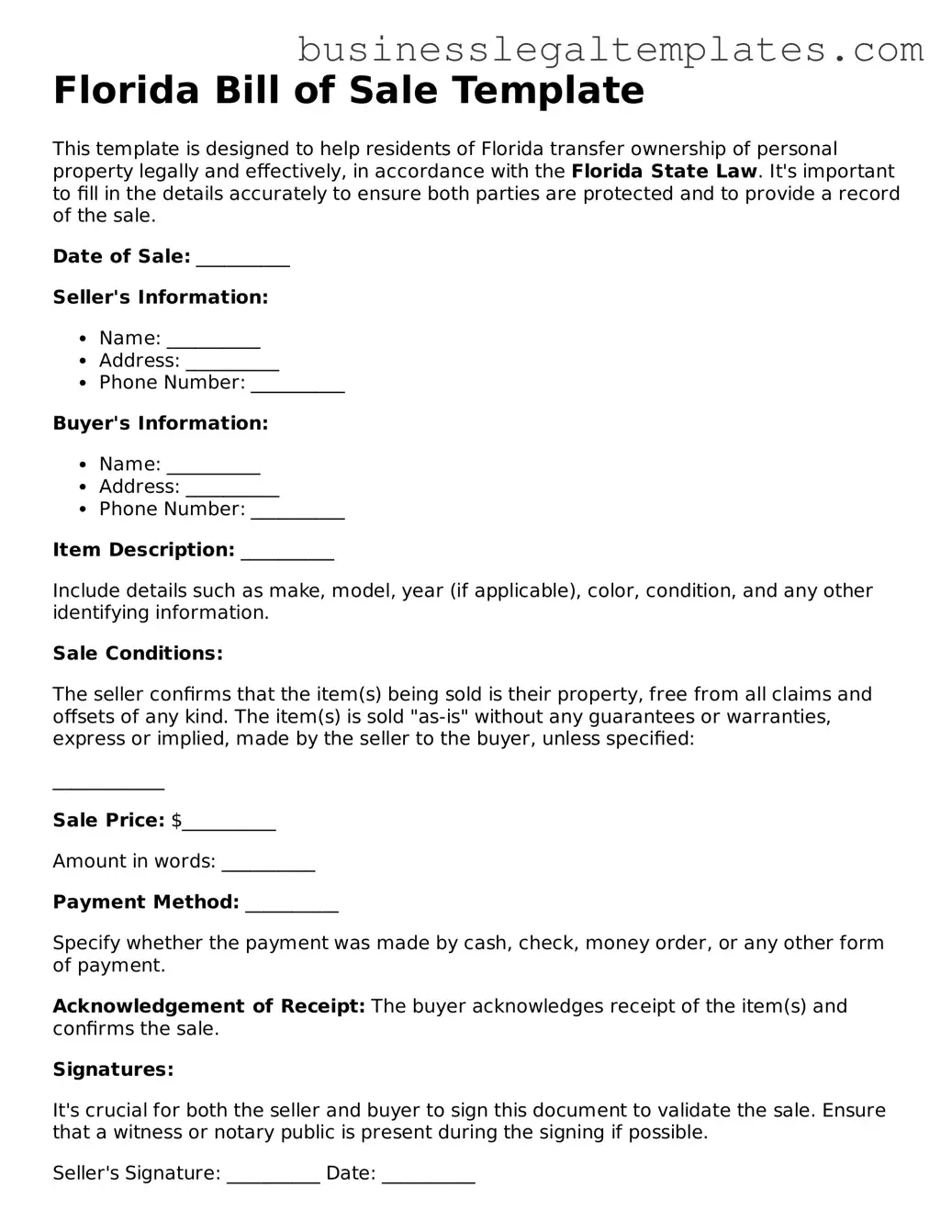 Blank Florida Bill of Sale Document