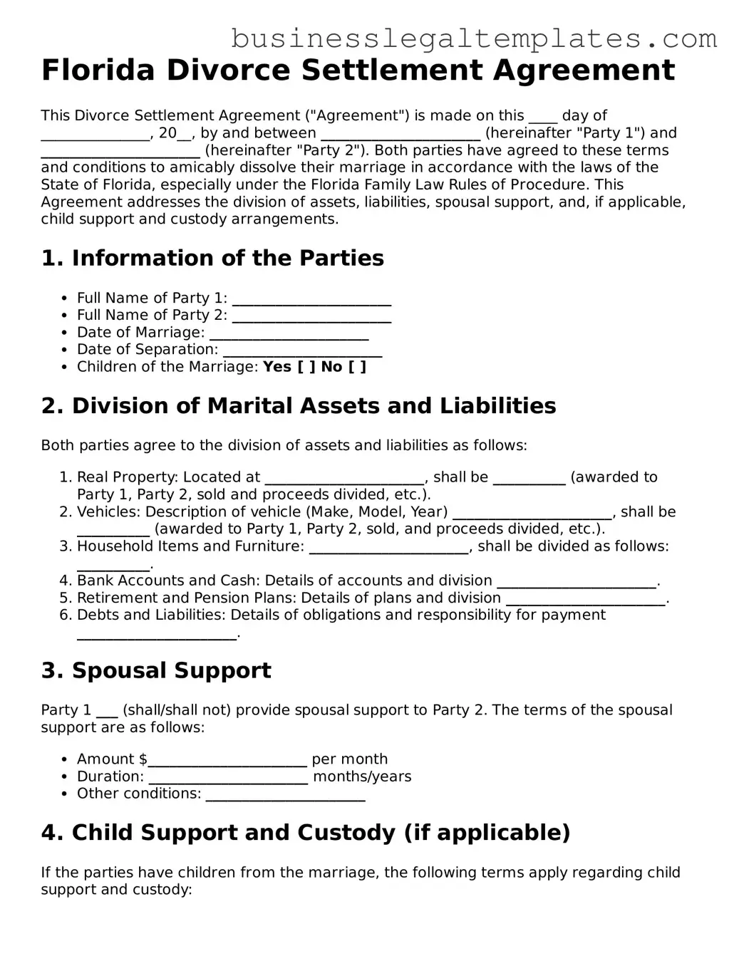 Blank Florida Divorce Settlement Agreement Document