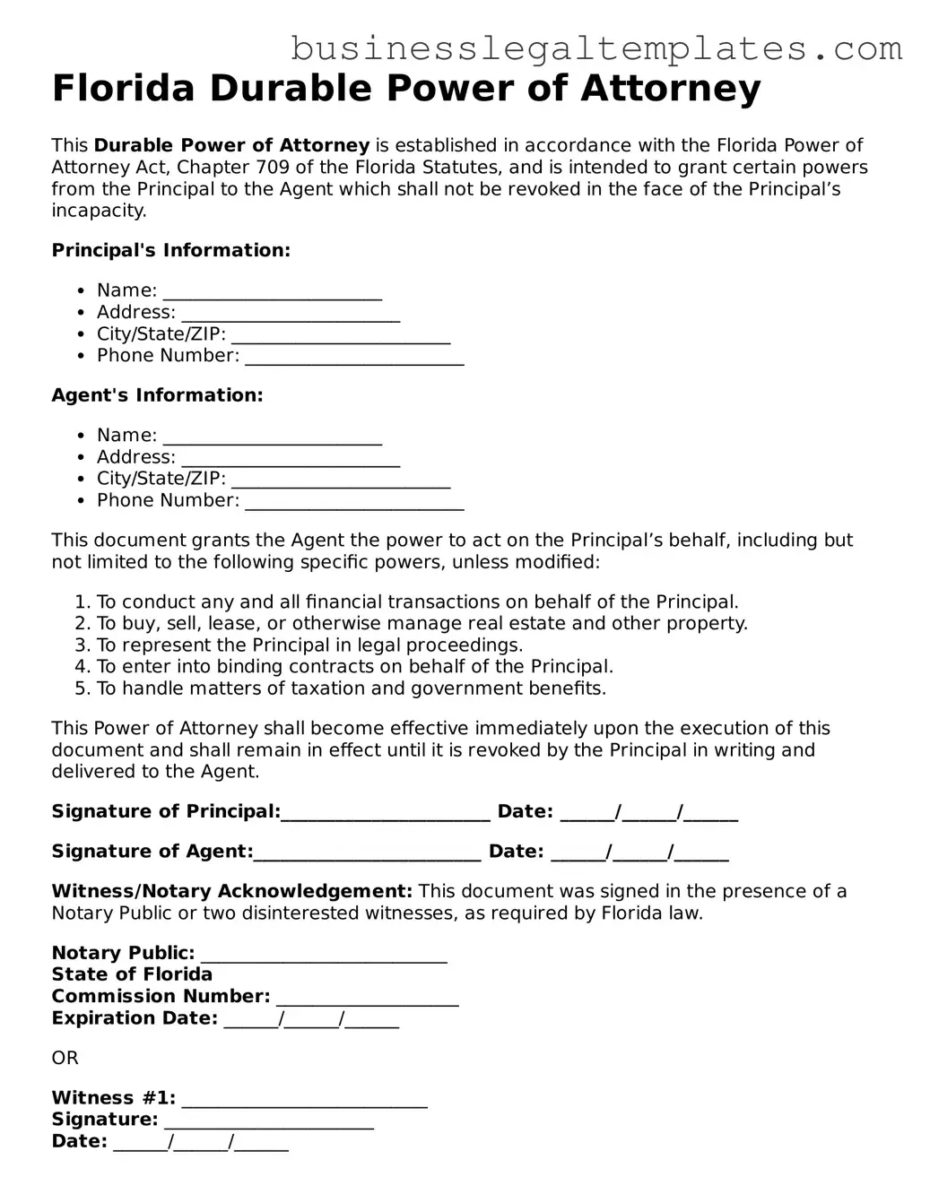 Blank Florida Durable Power of Attorney Document