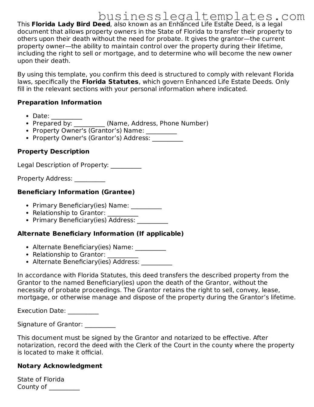 Blank Florida Lady Bird Deed Document