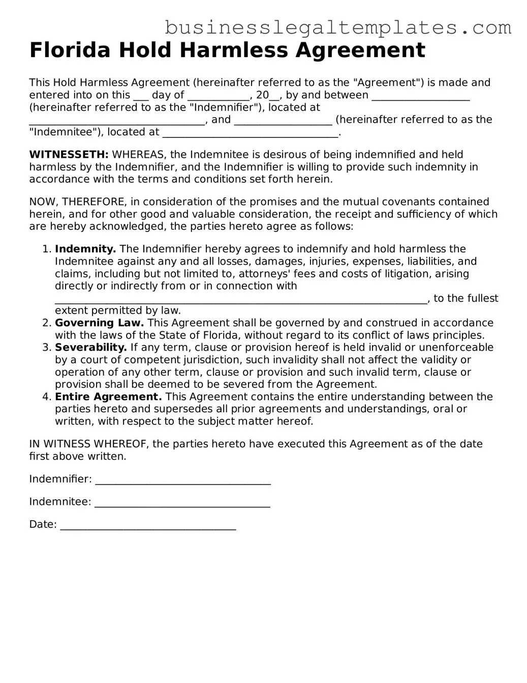 Blank Florida Hold Harmless Agreement Document