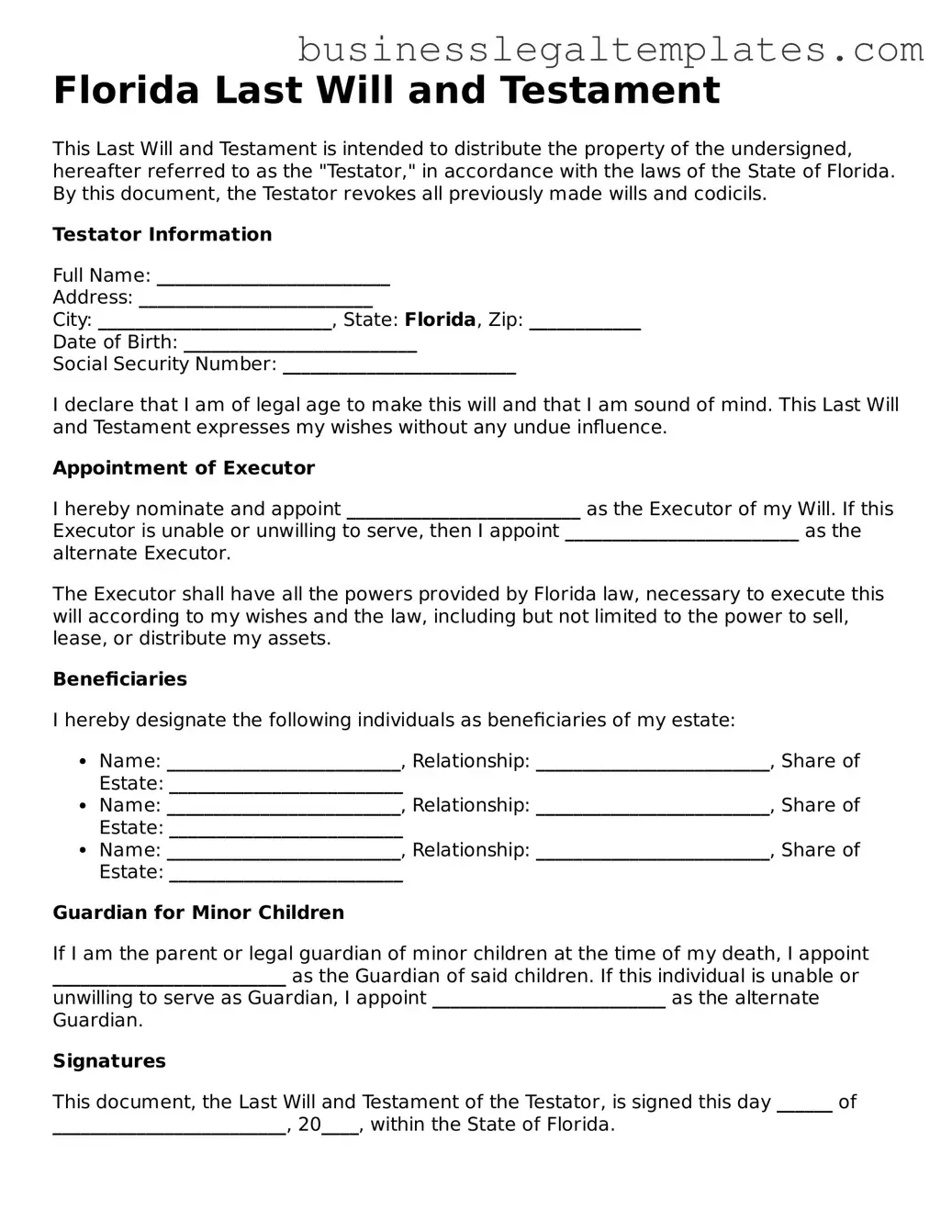 Blank Florida Last Will and Testament Document