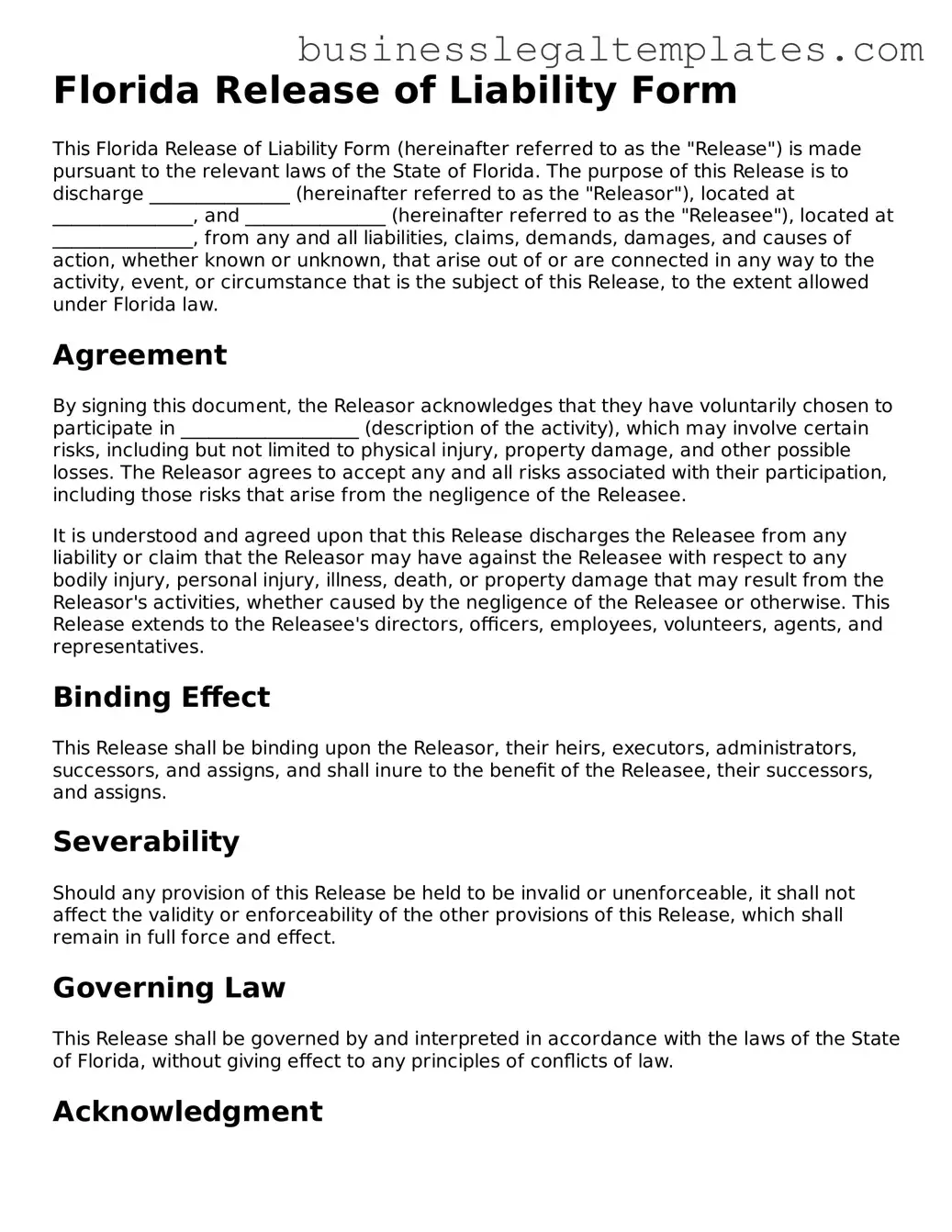 Blank Florida Release of Liability Document
