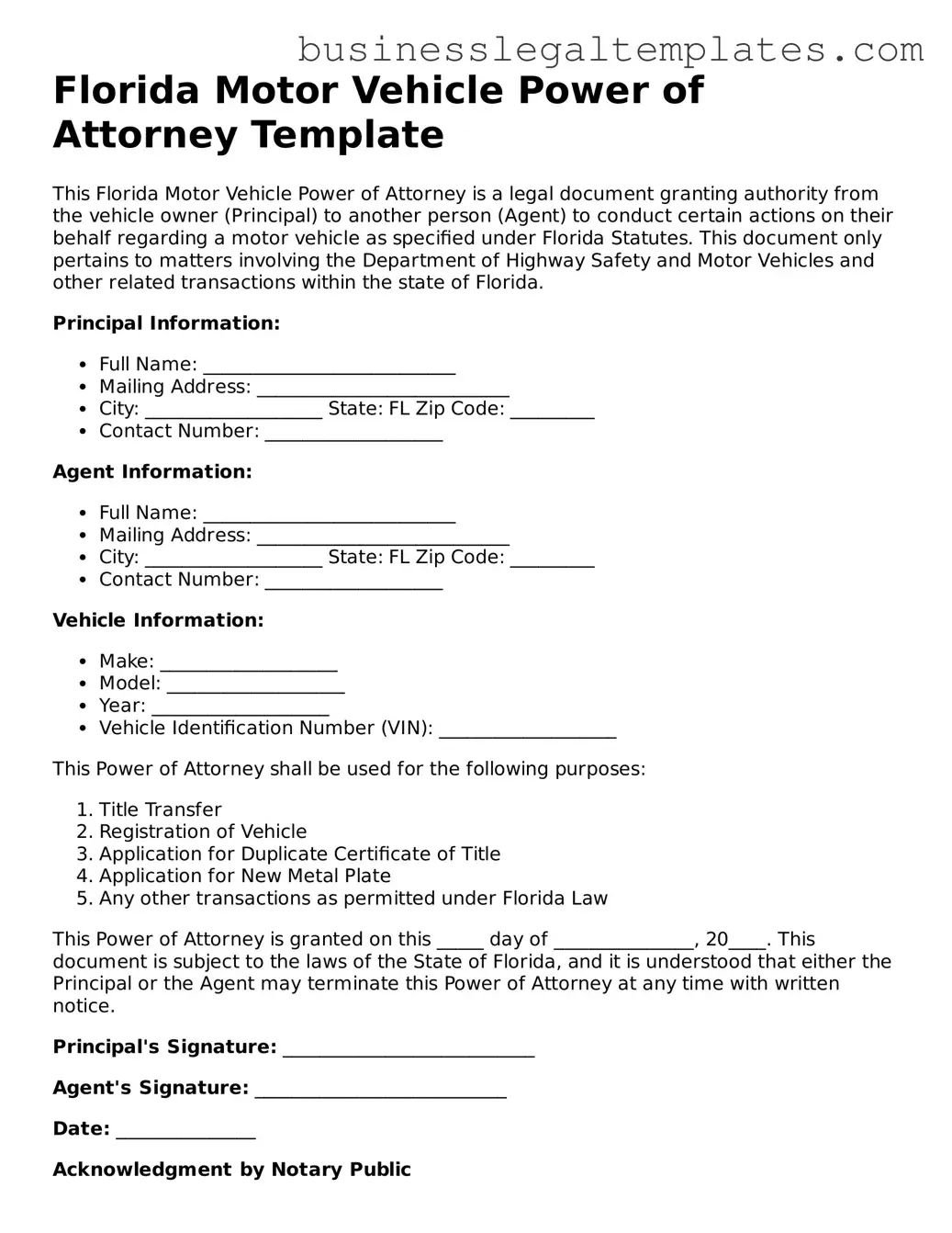 Blank Florida Motor Vehicle Power of Attorney Document