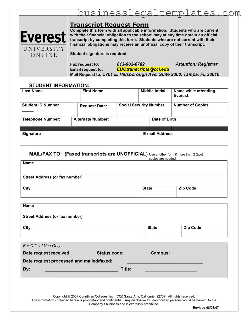 Printable Everest University Transcript Form