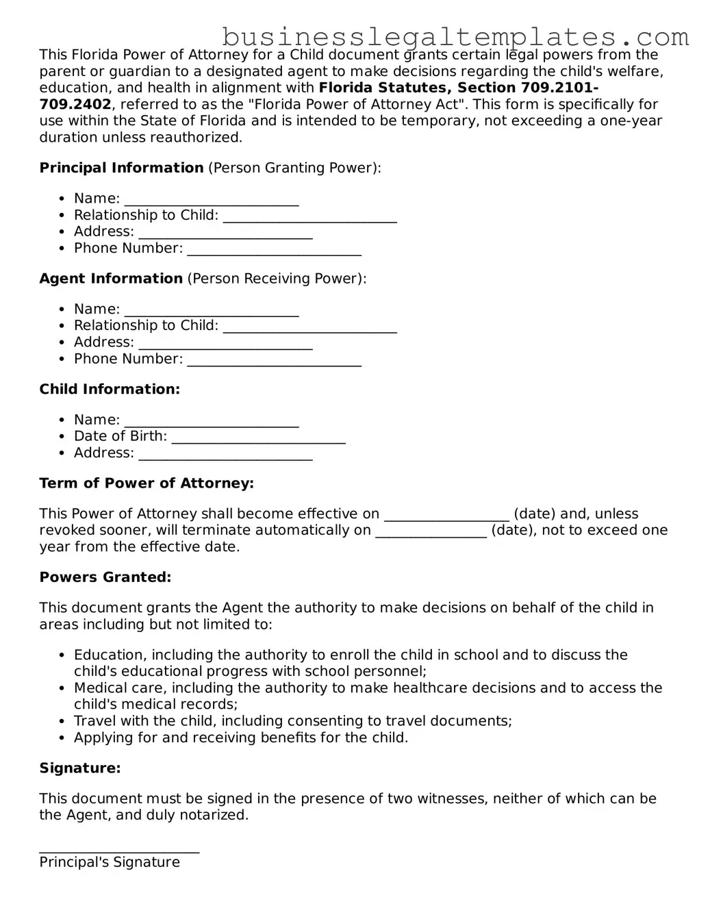 Blank Florida Power of Attorney for a Child Document