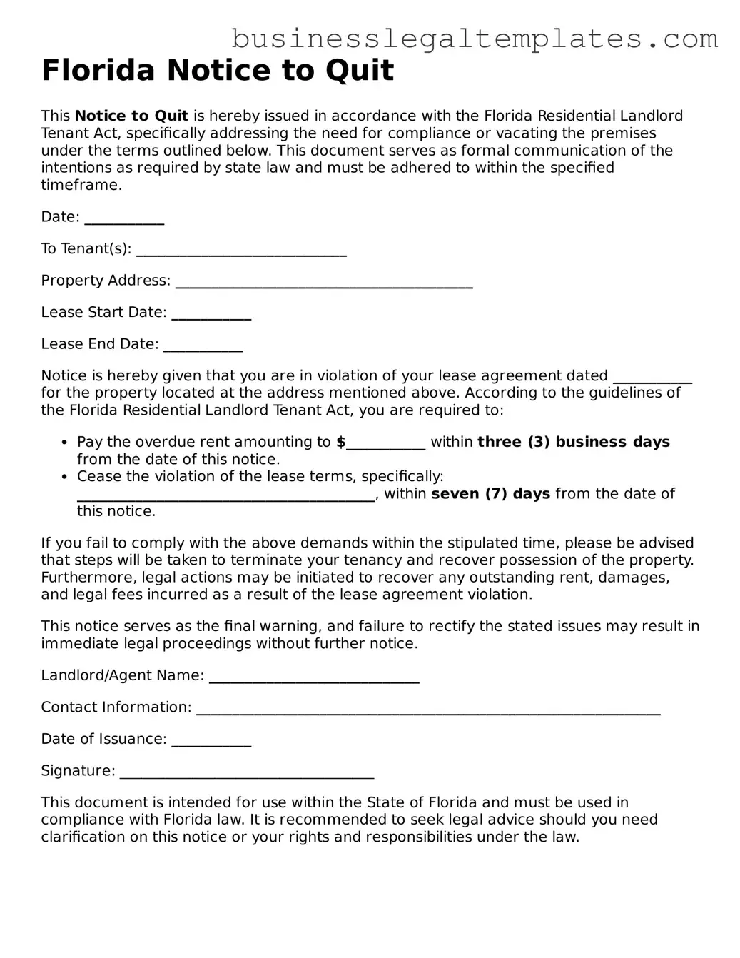 Blank Florida Notice to Quit Document
