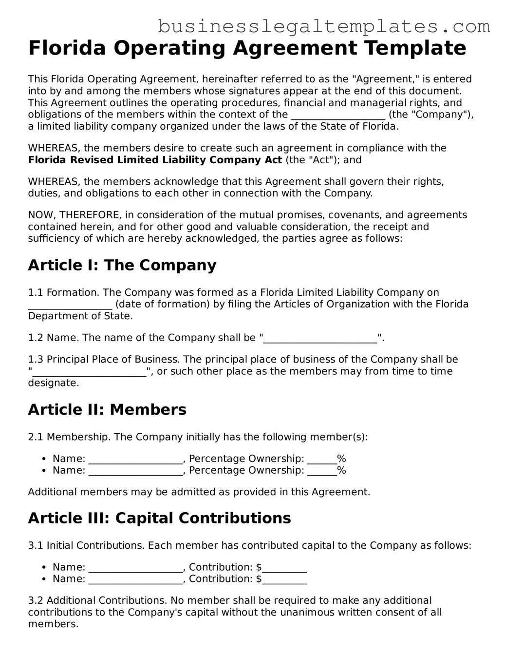 Blank Florida Operating Agreement Document