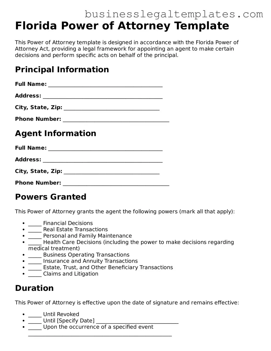 Blank Florida Power of Attorney Document
