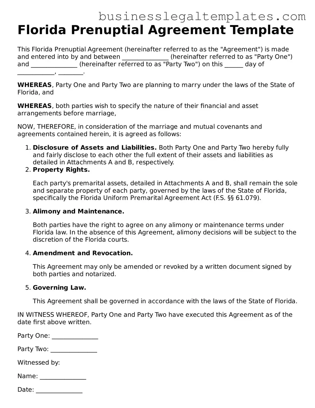 Blank Florida Prenuptial Agreement Document