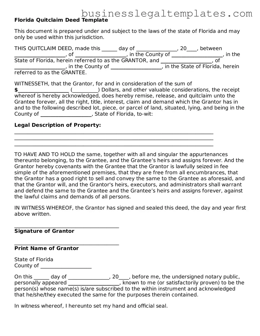 Blank Florida Quitclaim Deed Document