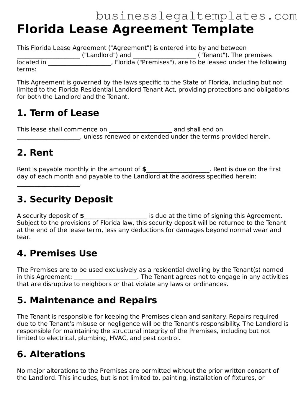 Blank Florida Lease Agreement Document