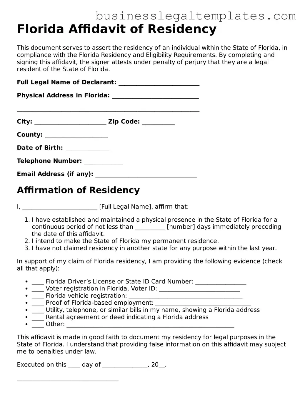 Blank Florida Affidavit of Residency Document