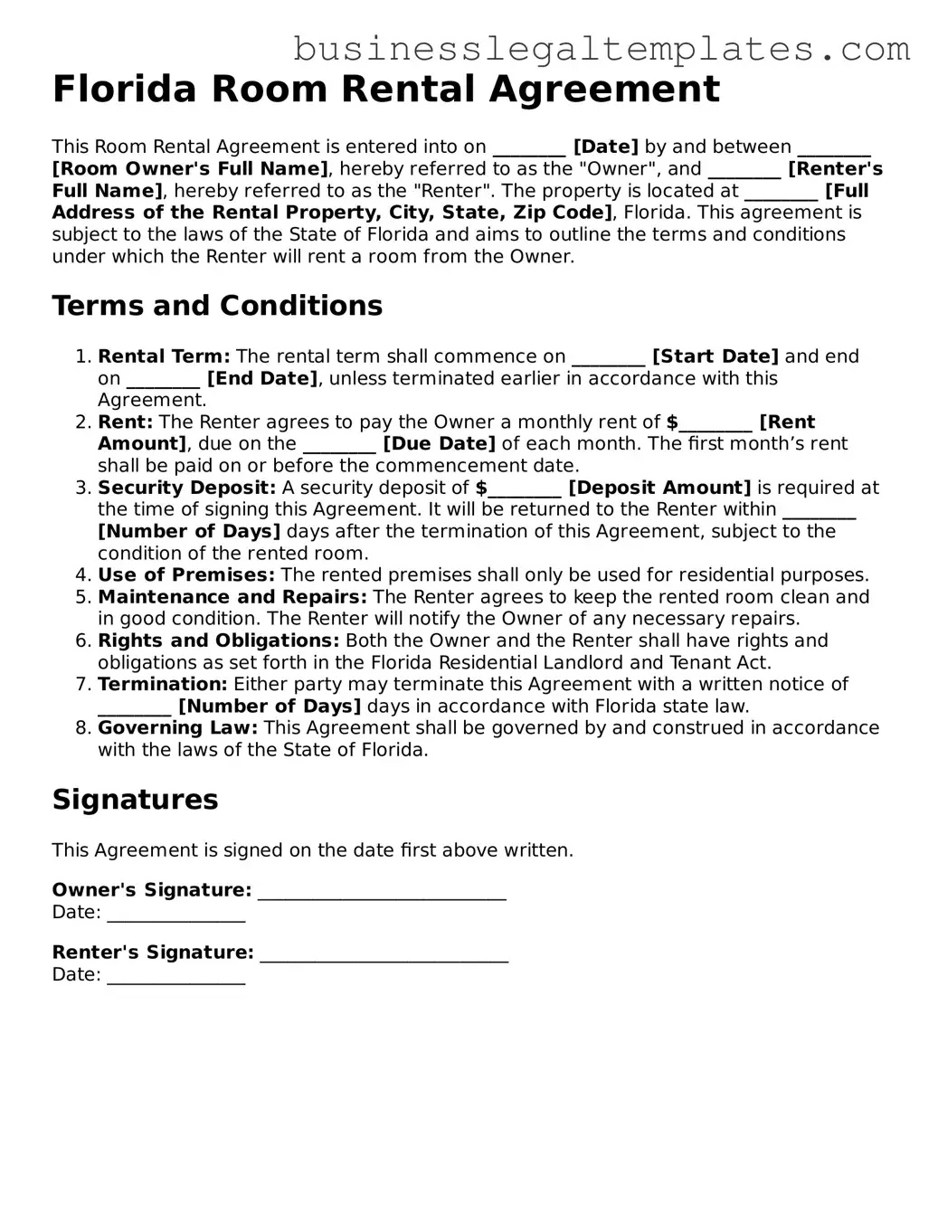 Blank Florida Room Rental Agreement Document