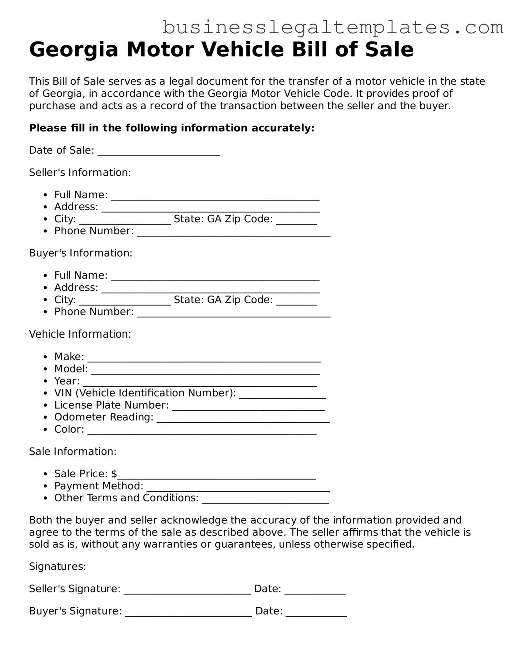 Blank Georgia Motor Vehicle Bill of Sale Document