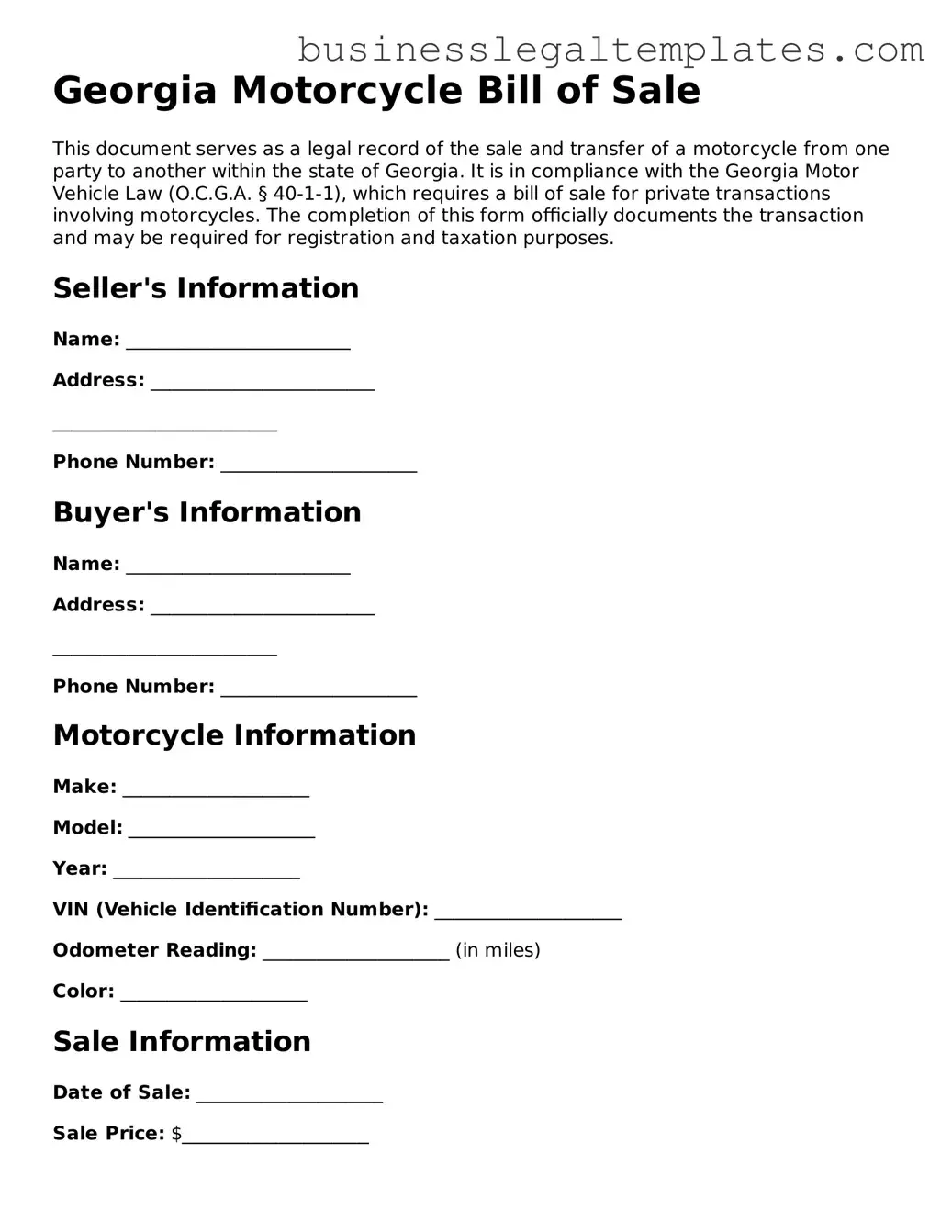 Blank Georgia Motorcycle Bill of Sale Document