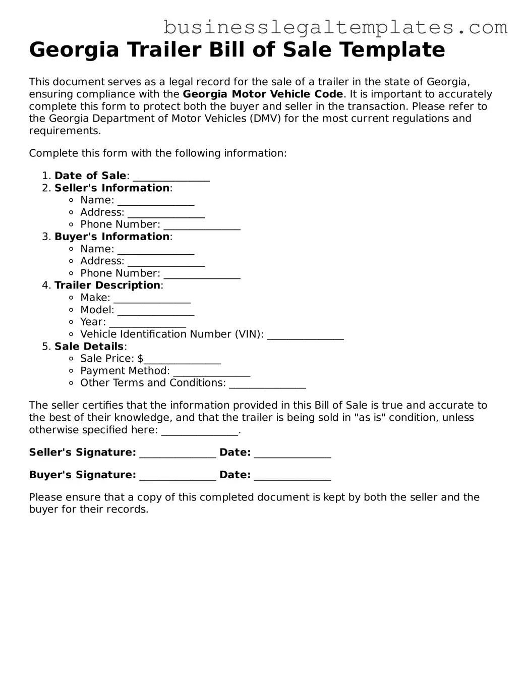 Blank Georgia Trailer Bill of Sale Document