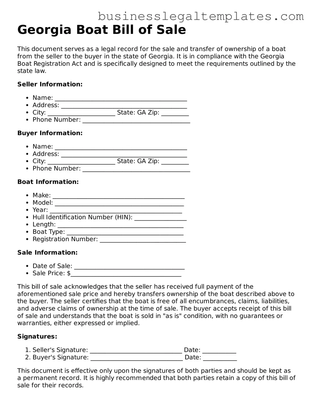 Blank Georgia Boat Bill of Sale Document