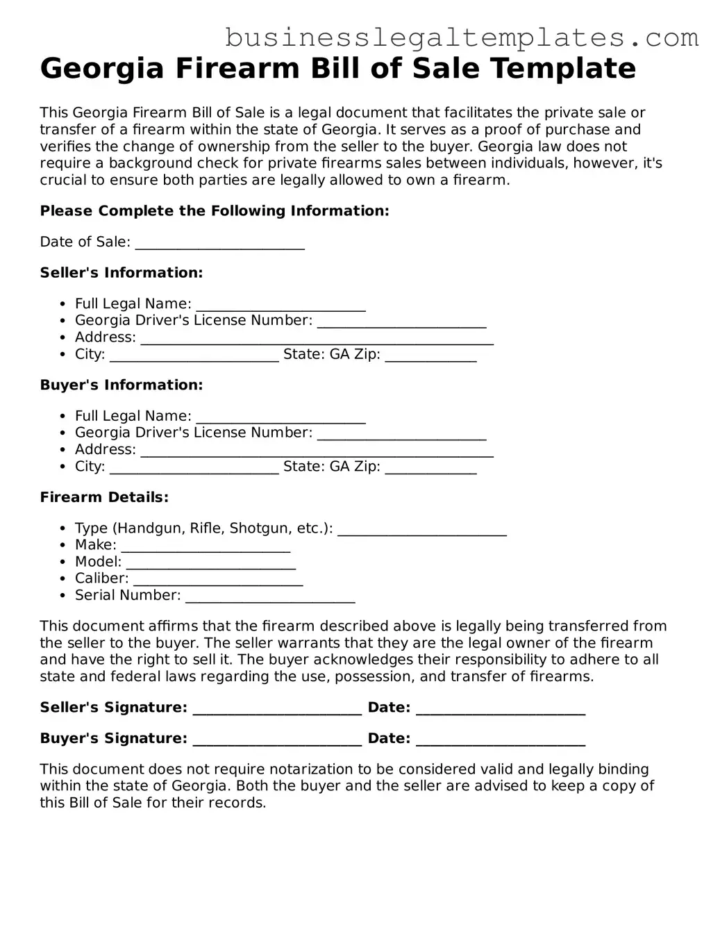 Blank Georgia Firearm Bill of Sale Document
