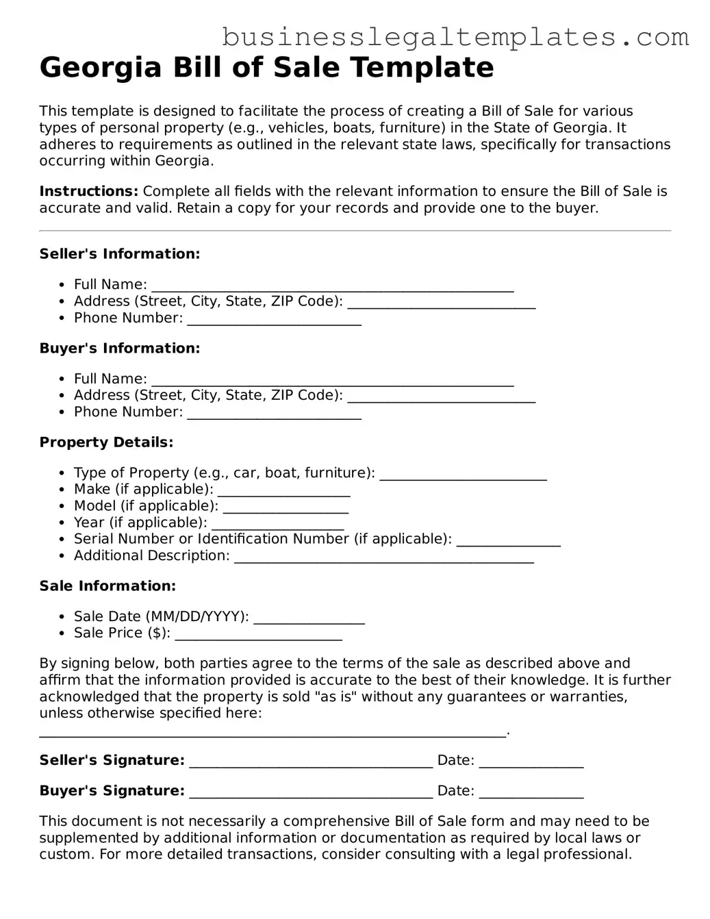 Blank Georgia Bill of Sale Document