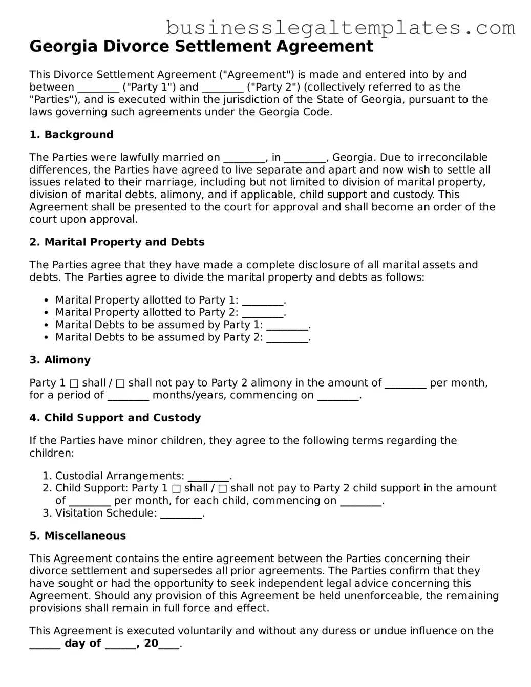 Blank Georgia Divorce Settlement Agreement Document