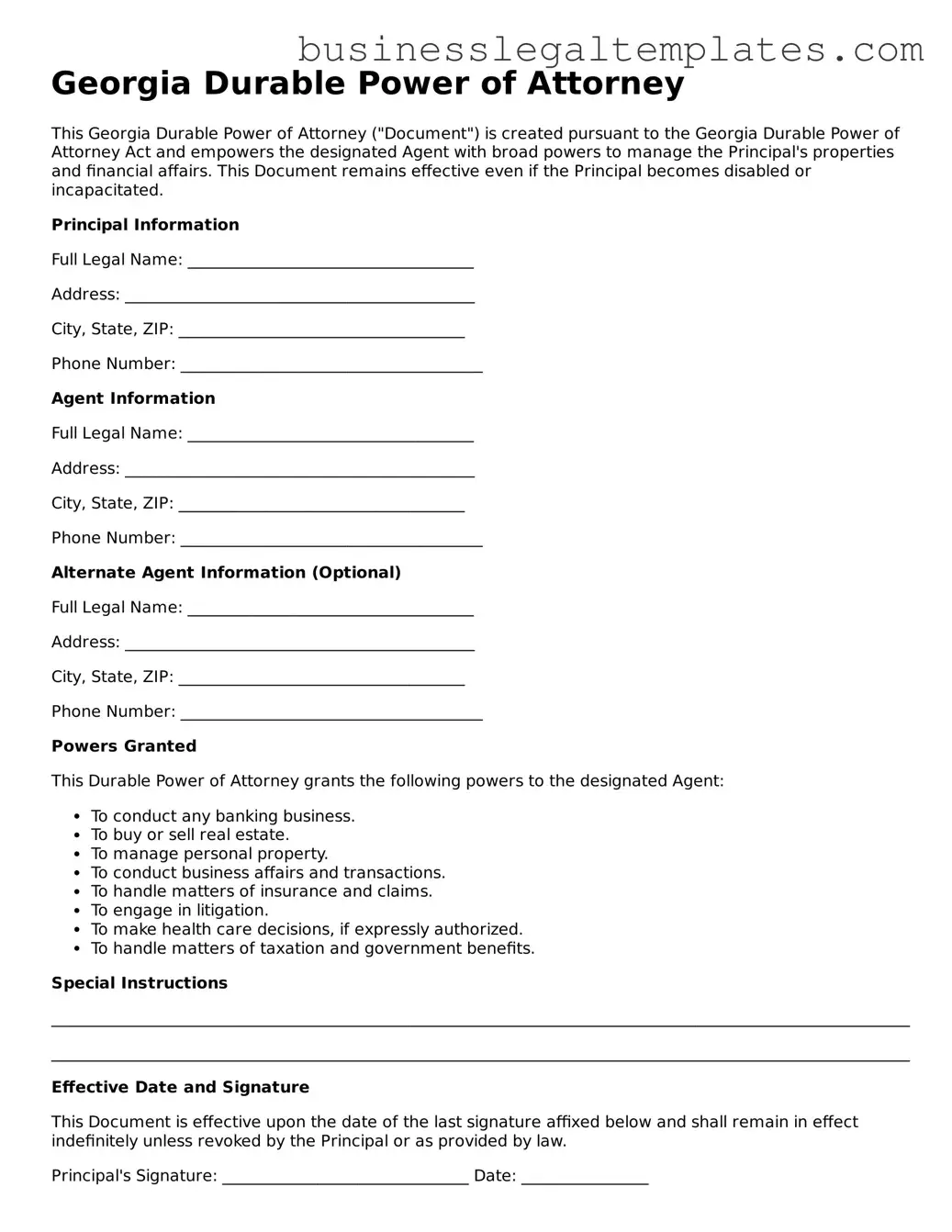 Blank Georgia Durable Power of Attorney Document