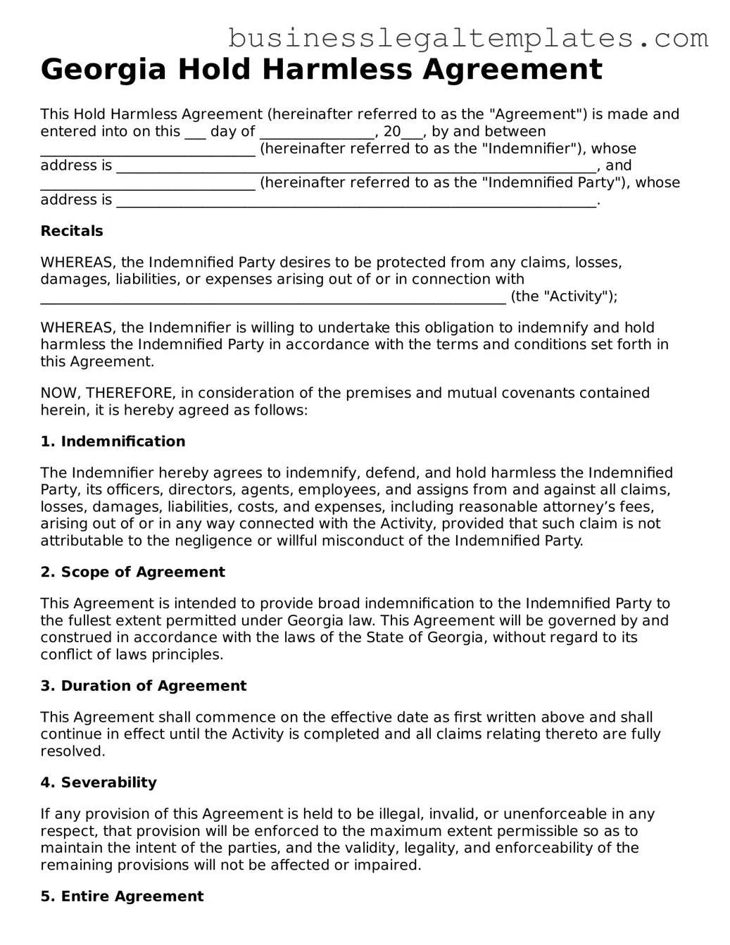 Blank Georgia Hold Harmless Agreement Document