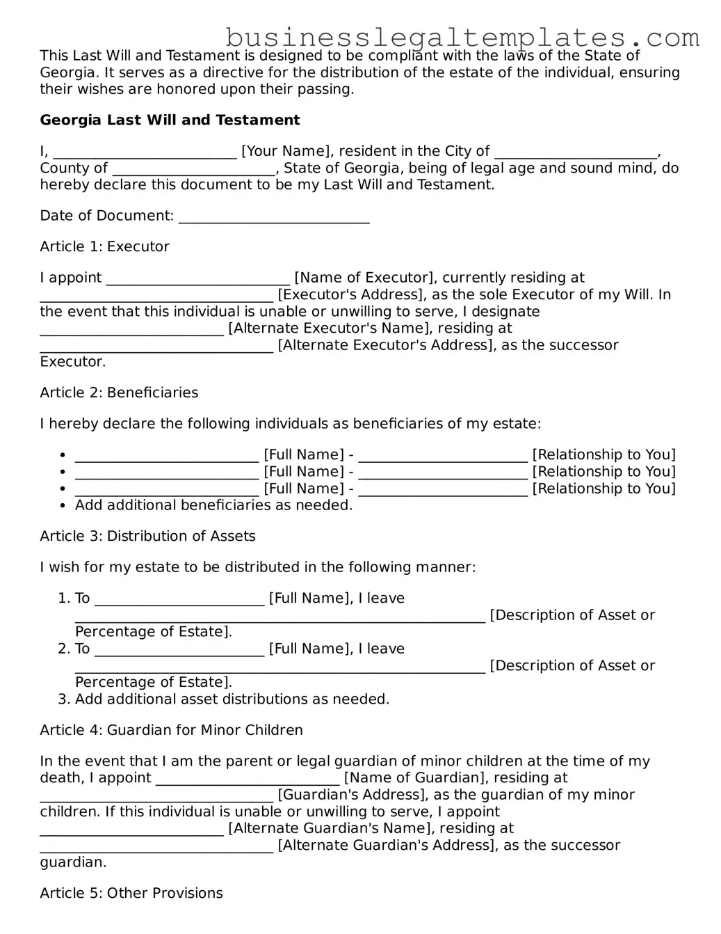 Blank Georgia Last Will and Testament Document