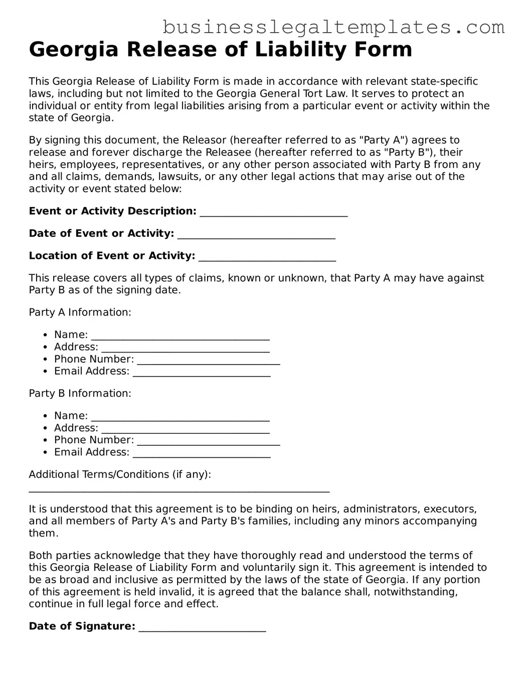 Blank Georgia Release of Liability Document